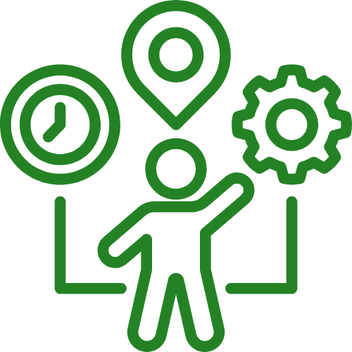 Green line icon of a person with location pin, clock, and gear symbols.