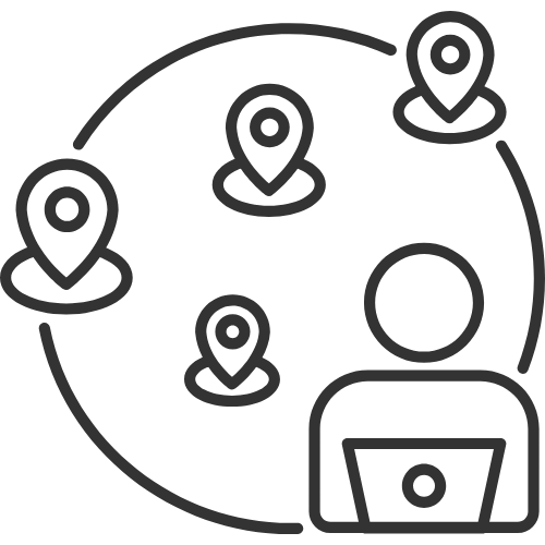 Remote team collaboration icon with laptop user and four location pins connected in a circle