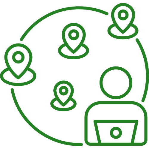 Green line icon of multiple location pins around a person using a laptop, suggesting remote teamwork or network