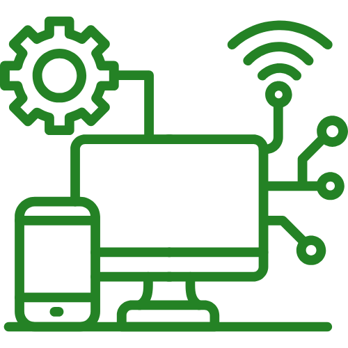 Green line icon of a smartphone and desktop monitor with gear and Wi‑Fi symbols, representing connected technology