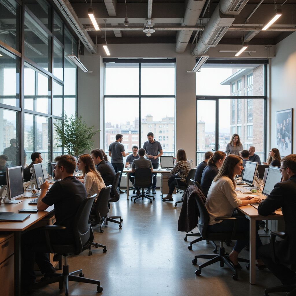 Open office with people working at desks beside large windows and city views