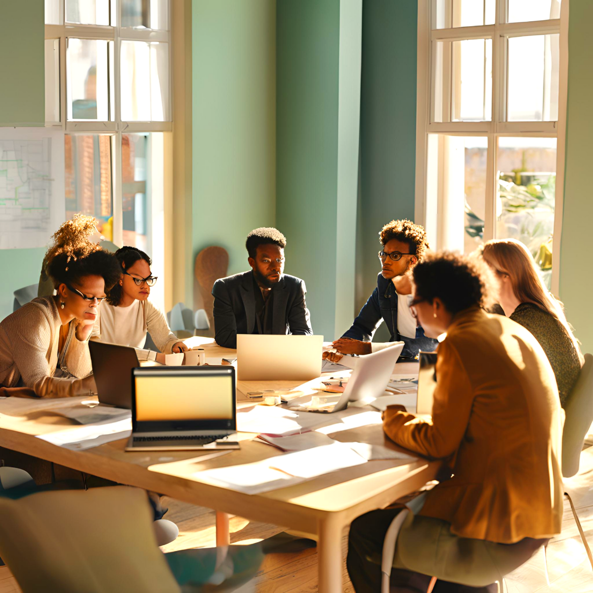 People gathered around a table in a bright office meeting room, working on laptops and papers.
