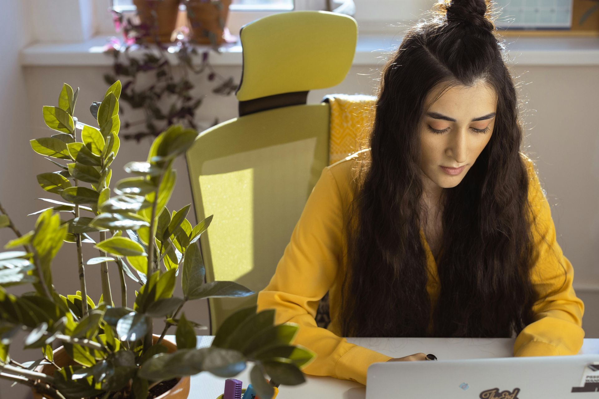 Woman working on laptop, yellow shirt, sitting at desk, sunlight, house plant.