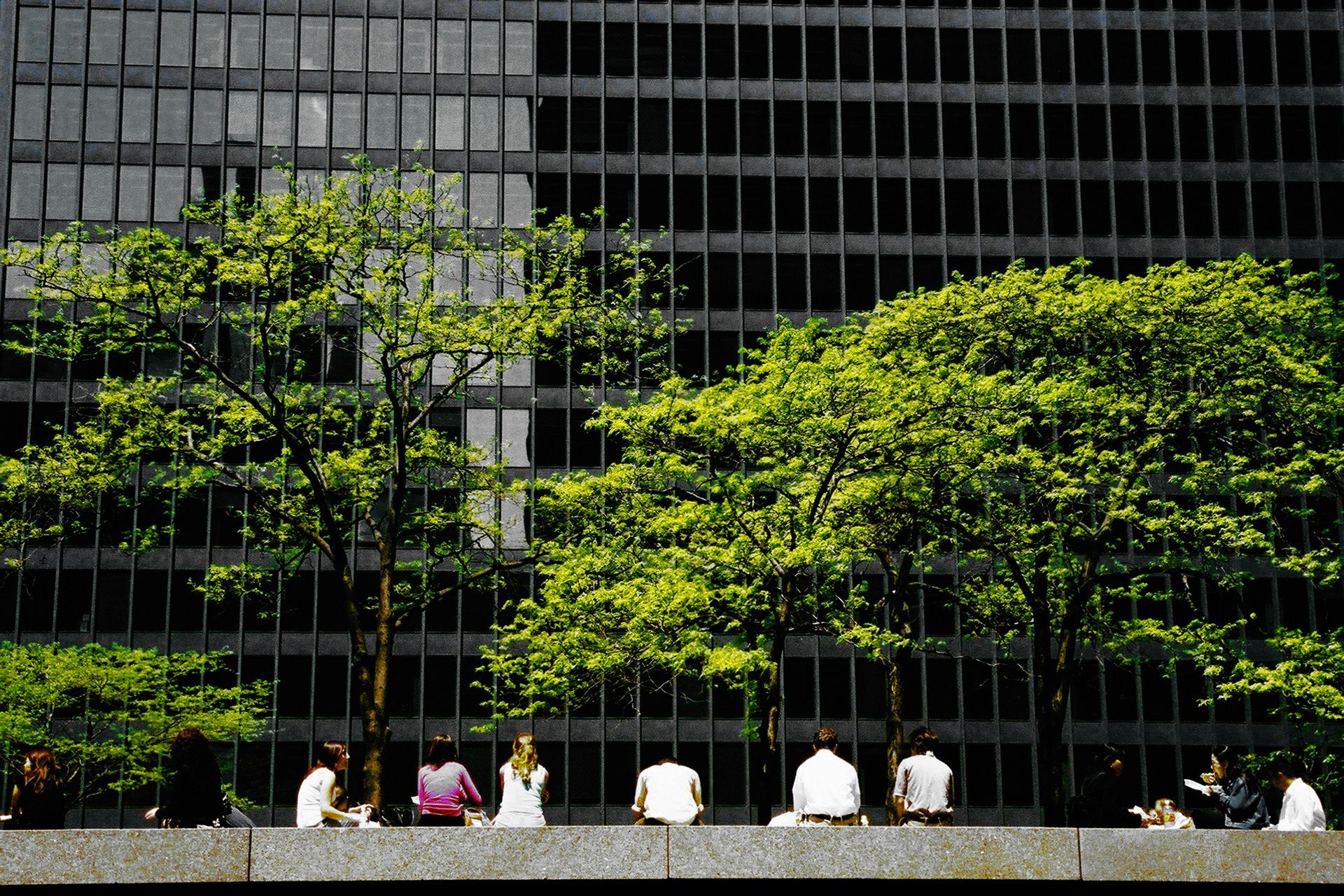 A group of people sit on a wall in front of a building