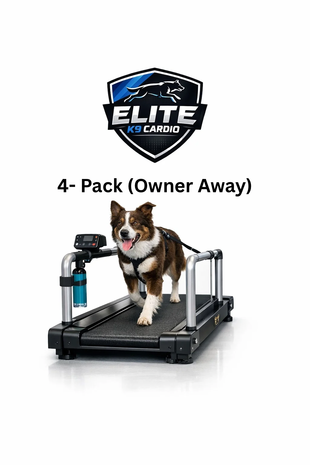 Dog running on black treadmill with blue water bottle, under Elite K9 Cardio logo and “4-Pack (Owner Away)” text
