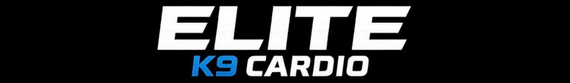Black and white ELITE K9 CARDIO logo on a dark background.
