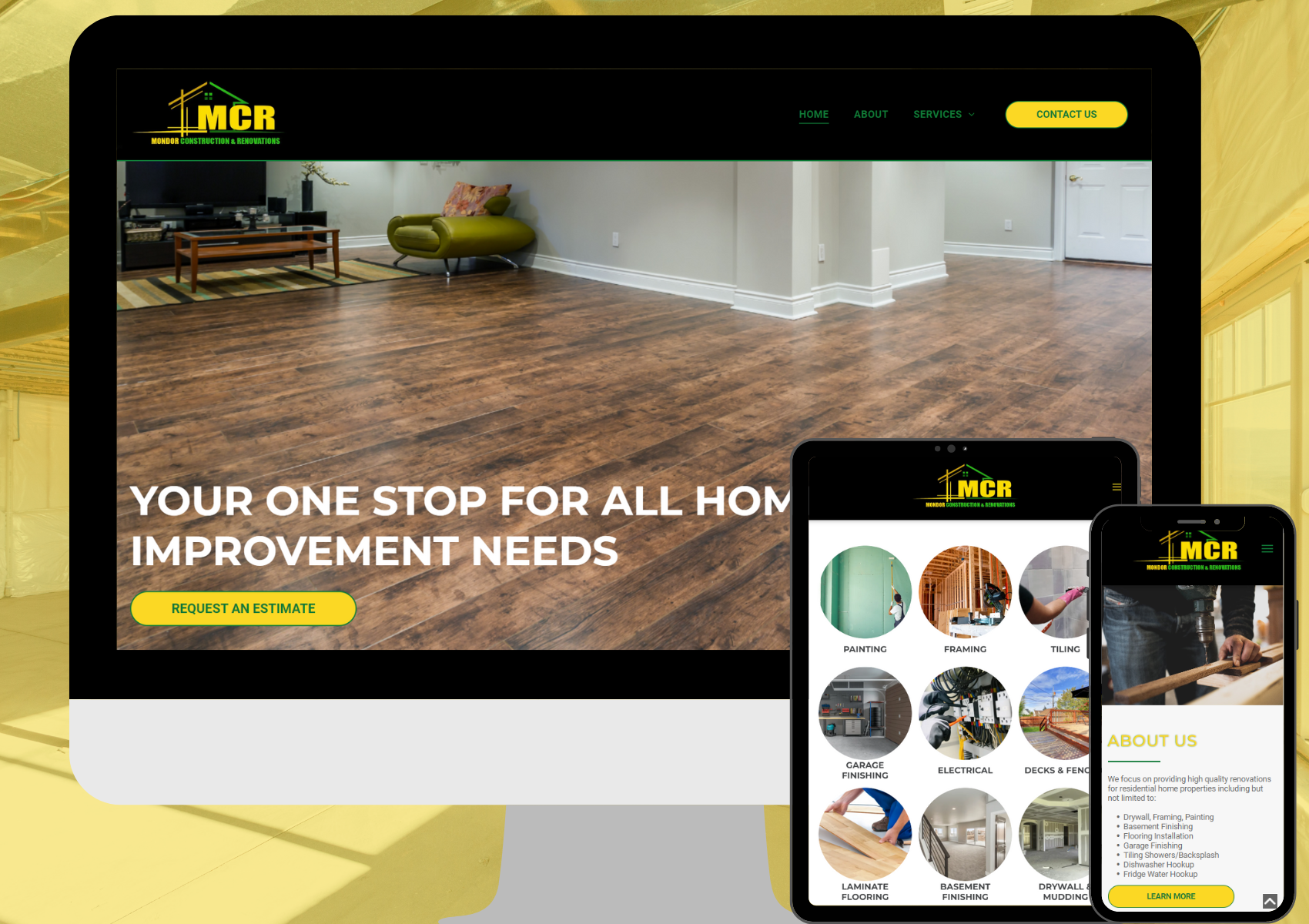 website for residential construction website on computer, tablet, and phone