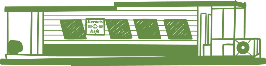A green and white drawing of a building with a sign on the side.