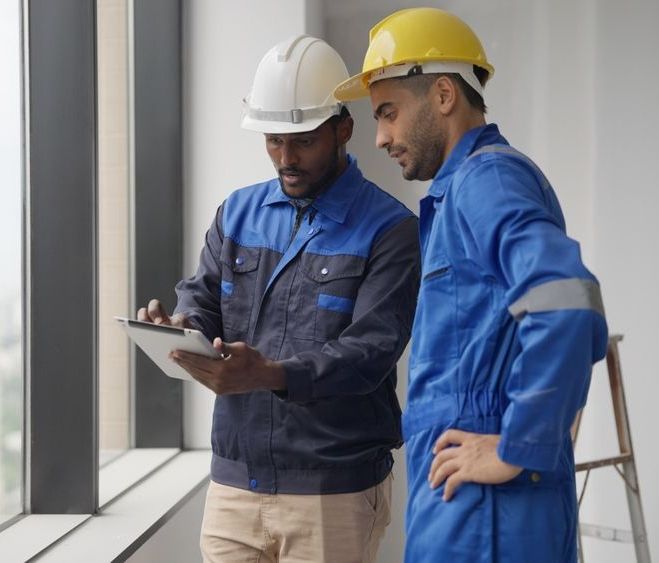 two lighting certified experts from US Lighting Systems working on a commercial LED installation project