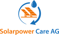 Logo für Solarpower Care AG: Solarmodule, Wassertropfen und ein kreisförmiger Pfeil, orange und blau.
