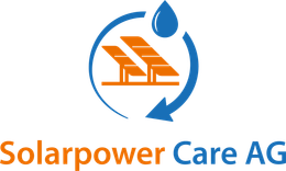 Logo der Solarpower Care AG: Solarmodule mit einem Wassertropfen und einem Recyclingpfeil.