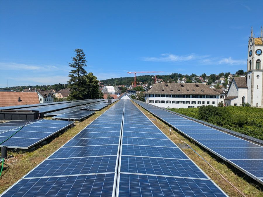 Solar panels stretching into the distance on a rooftop under a clear blue sky.