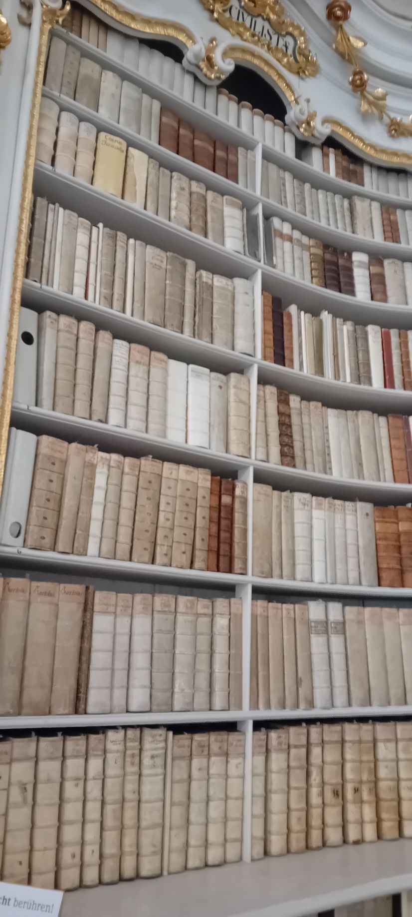 Haute bibliothèque ornée, remplie de rangées de livres anciens, dans une grande bibliothèque.