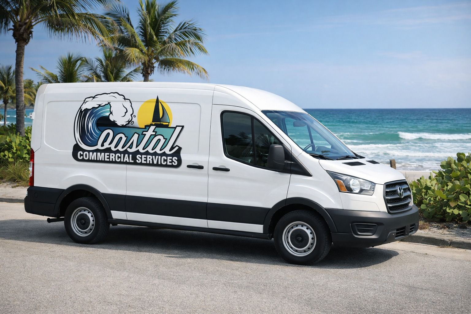 White Coastal Commercial Services van parked by a beach with palm trees and ocean in the background