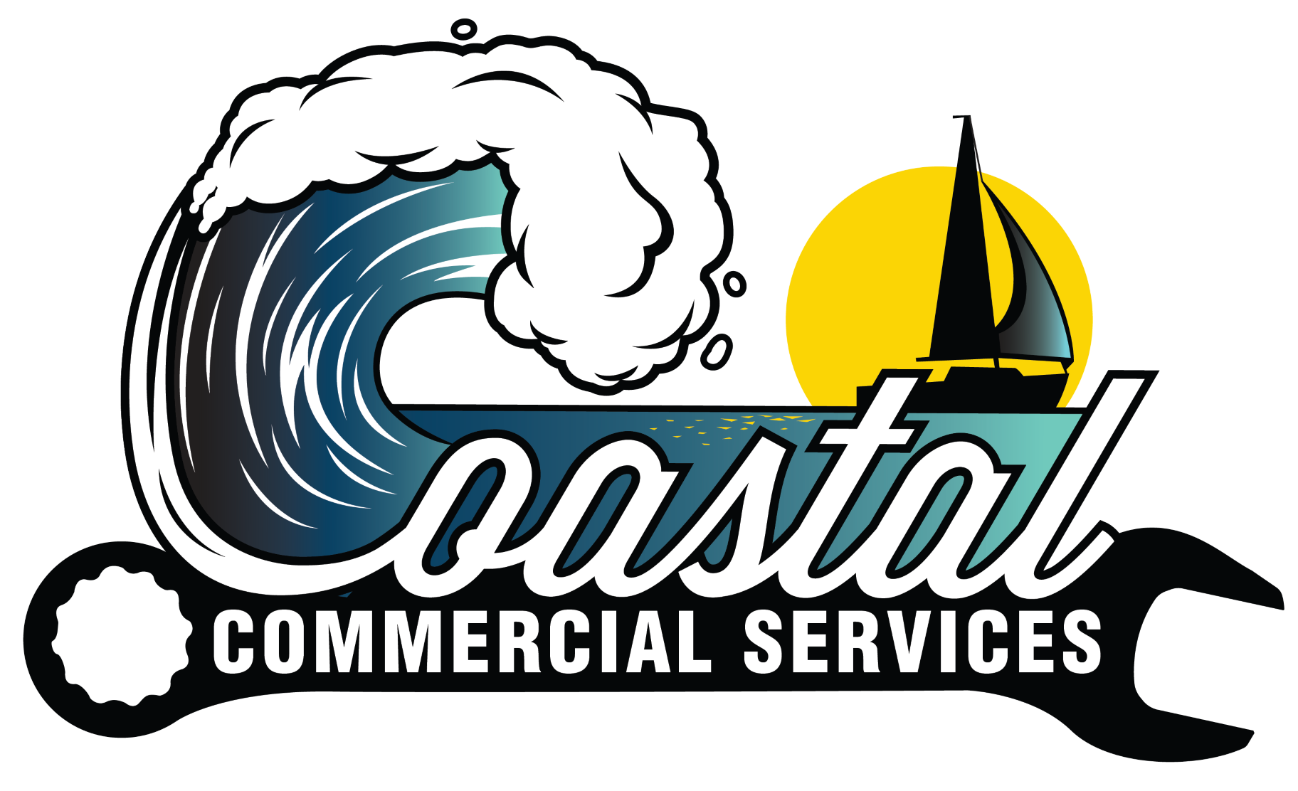 Coastal Commercial Services logo with blue wave, sailboat, and yellow sun