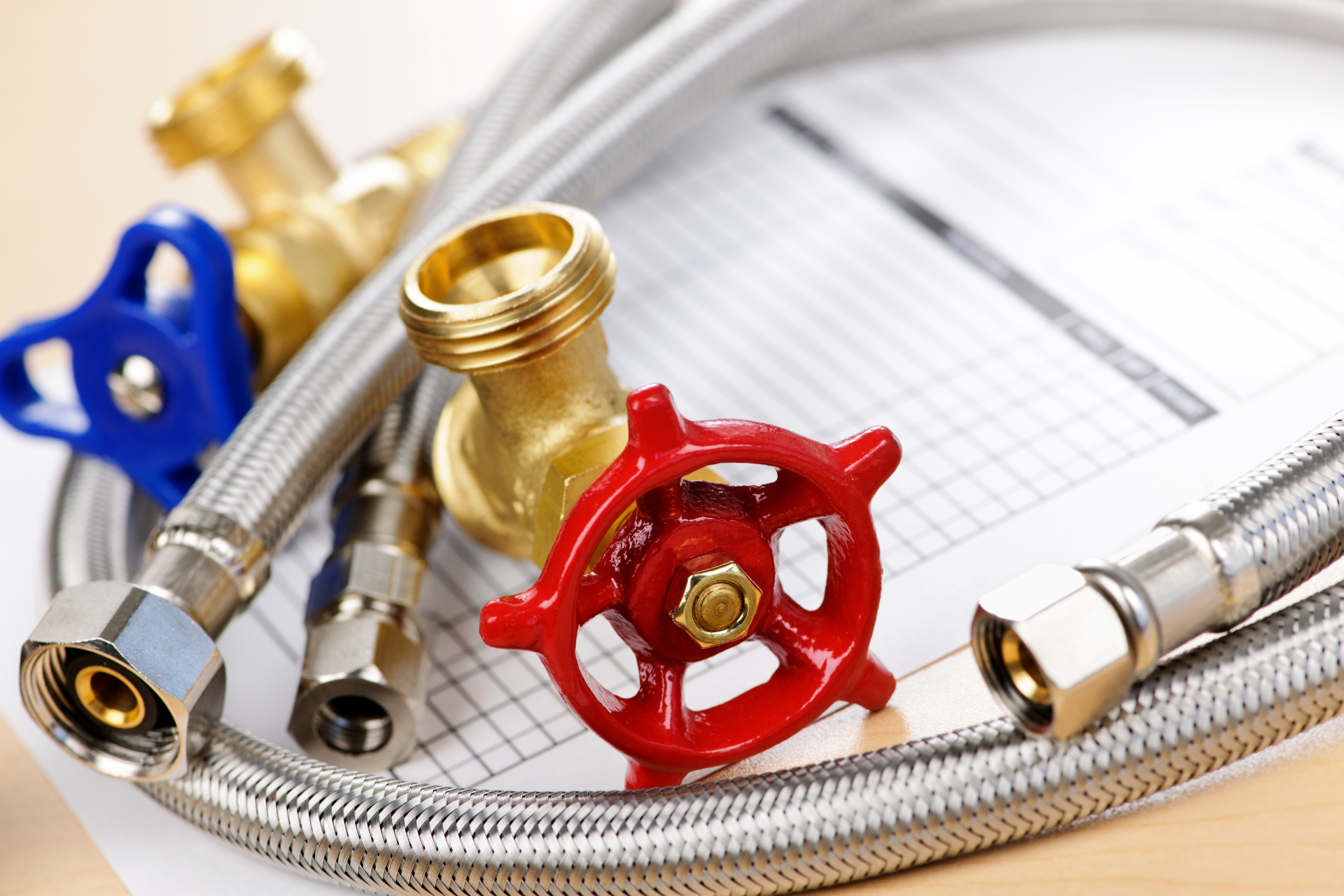 Coiled braided hose with red, blue, and brass valve fittings on a notebook