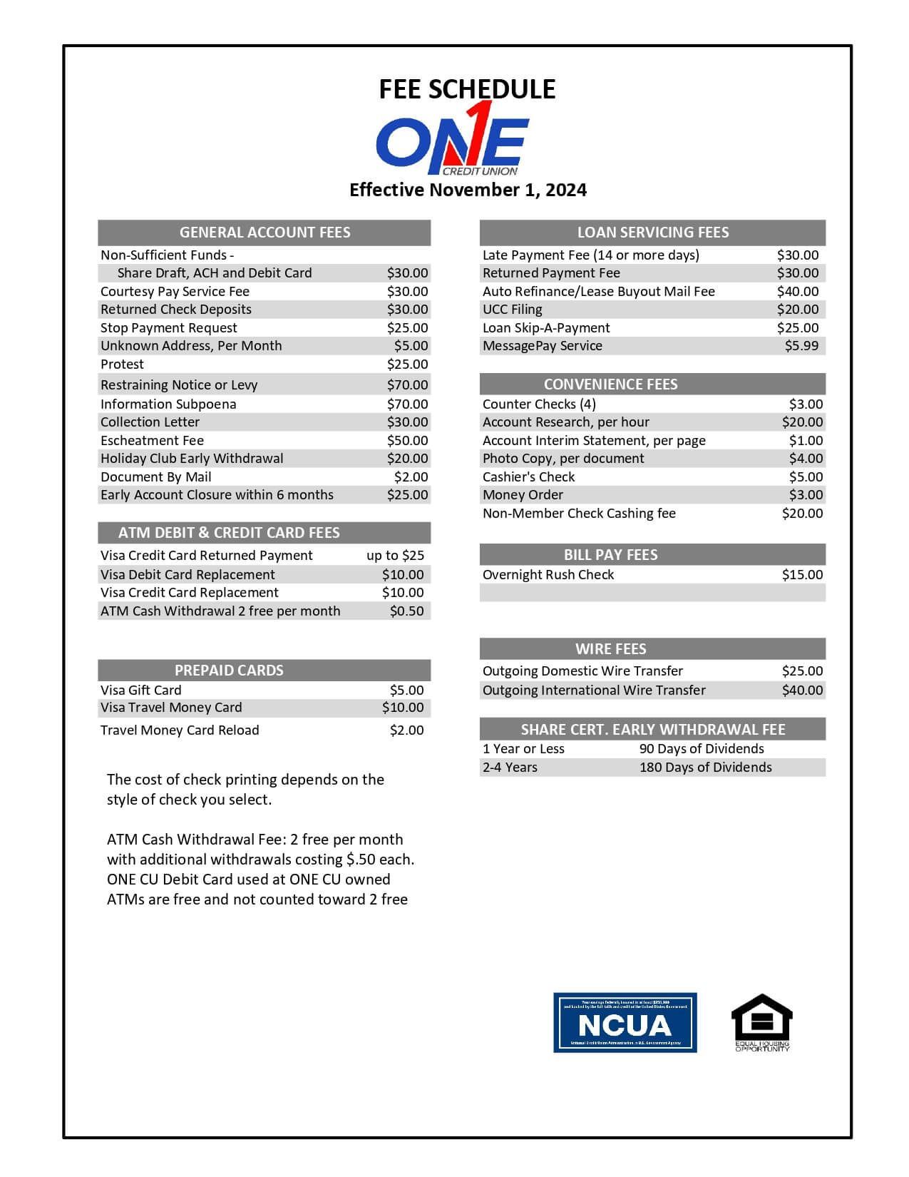 Fee schedule from ONE, effective November 2, 2023, listing various fees for services like loans and accounts.