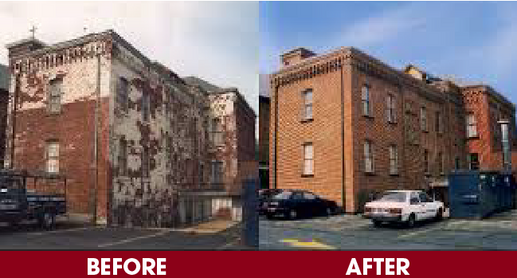 Split image of a brick building before and after renovation, with the after side cleaner and brighter.