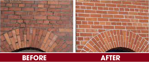 Brick arch before-and-after comparison showing repaired mortar joints and cleaner brickwork.