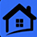 Blue house icon with a black roof and doorway on a dark blue square background