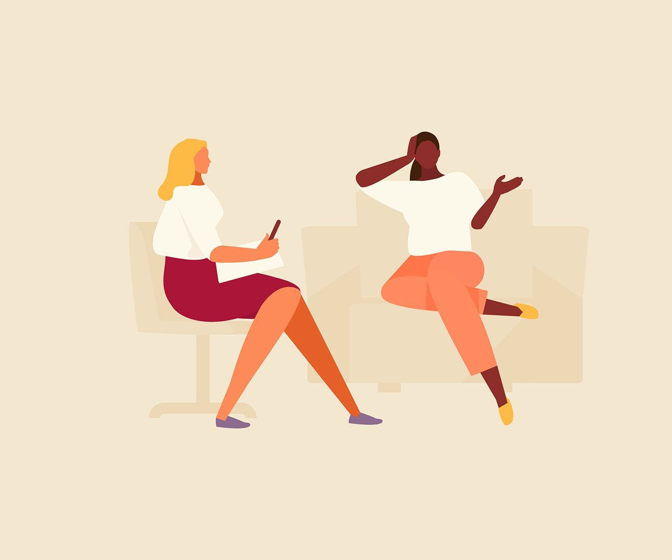 Two Women Are Sitting on a Couch Talking to Each Other — Living Well Psychology Clinic in Erina, NSW