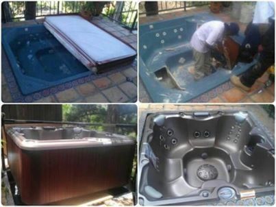 Hot tub repair collage showing a broken spa being restored and cleaned.