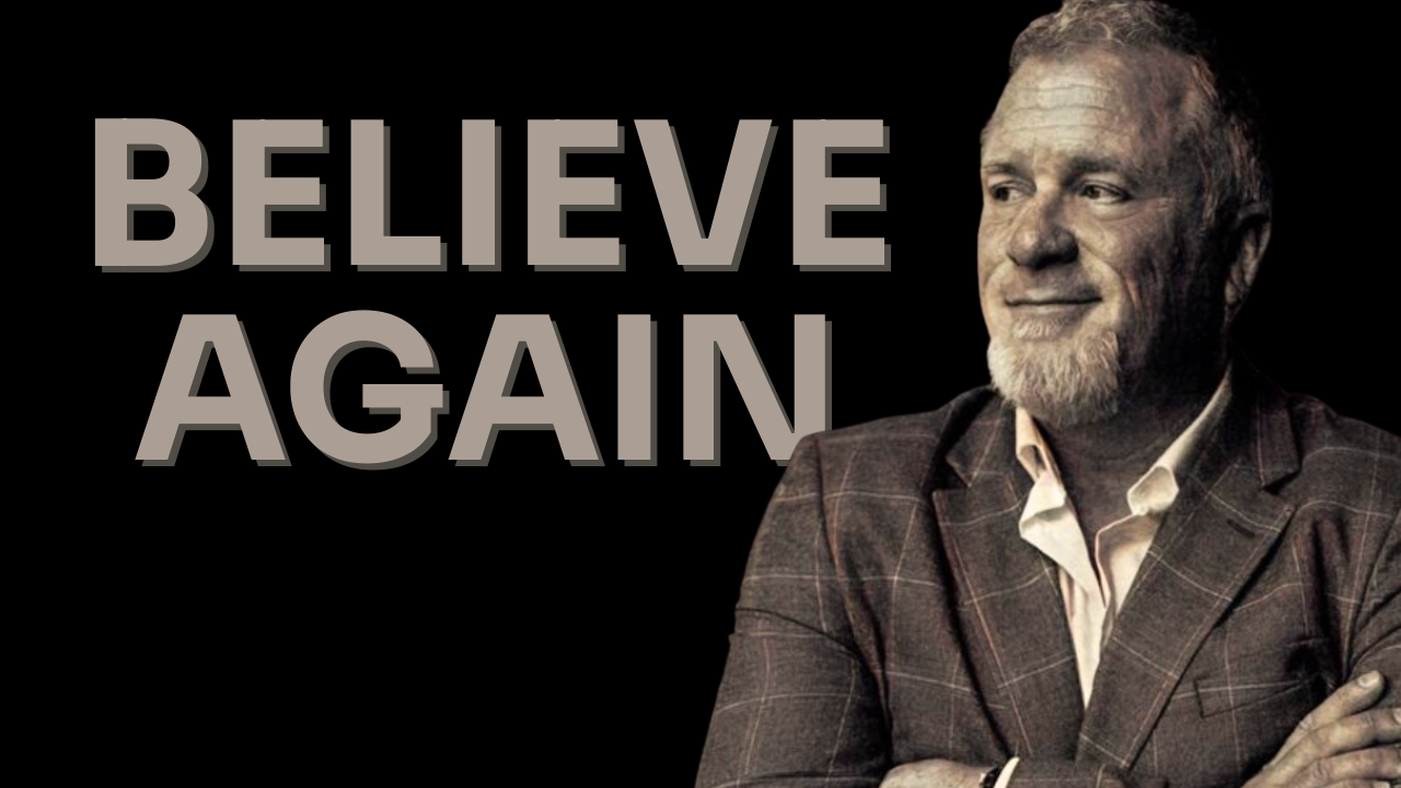 Black and white portrait of Chris Widener with the words Believe Again.