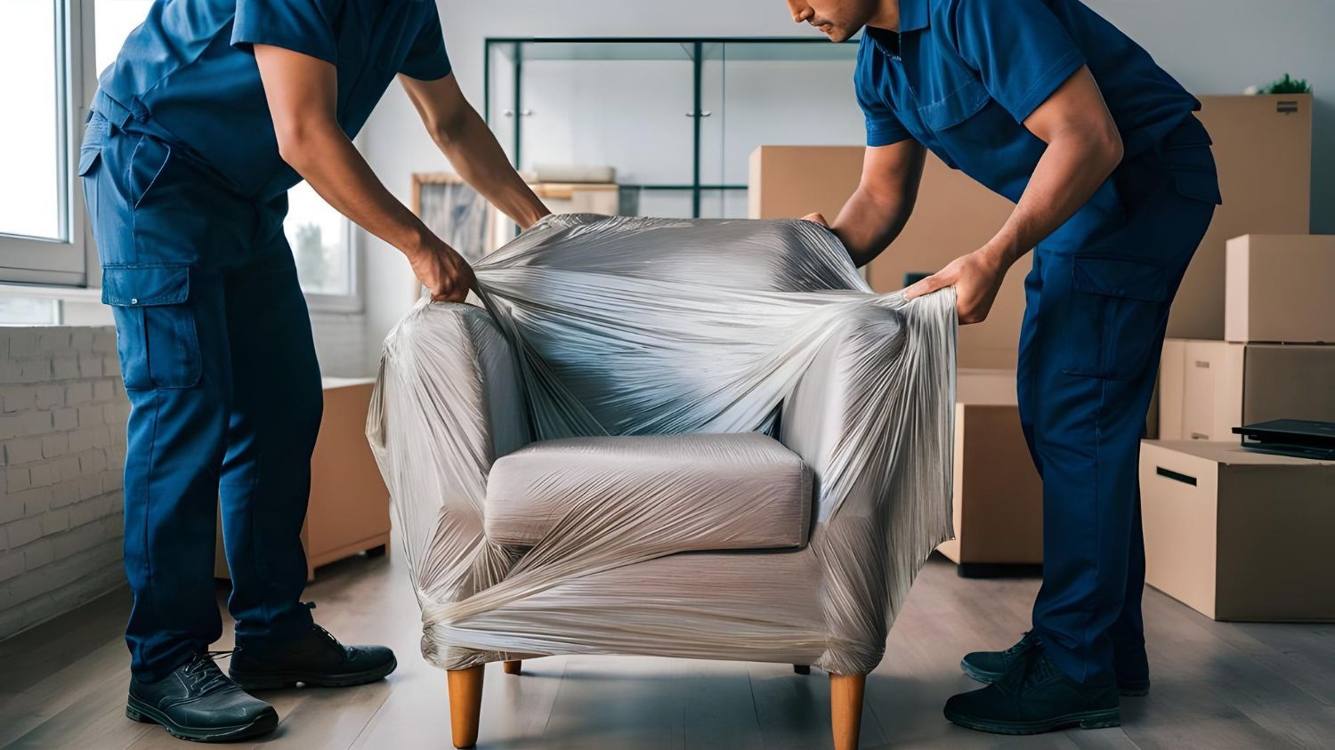 Two movers in blue uniforms wrapping a white armchair in plastic in a moving room
