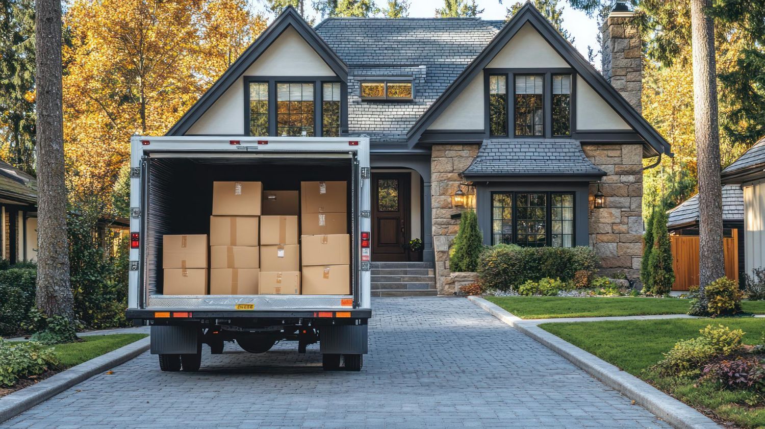 Moving truck loaded with boxes parked in a suburban driveway in front of a house