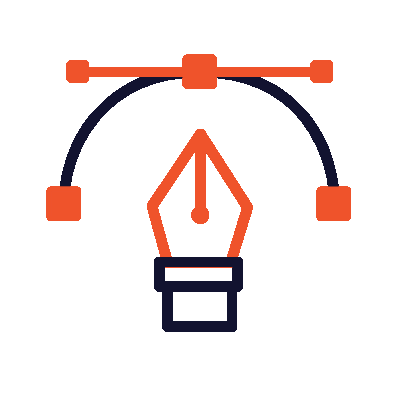 Stylized vector pen tool with a curved line and control points.