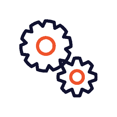 Two interlocking gears, dark blue outline, orange centers.