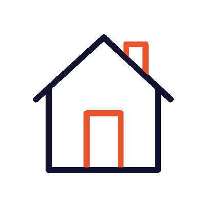 House outline with black roof, orange door and chimney.