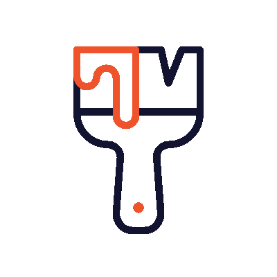 Paintbrush with dripping orange paint; dark blue outline.