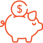 Orange piggy bank with a dollar coin in its slot.