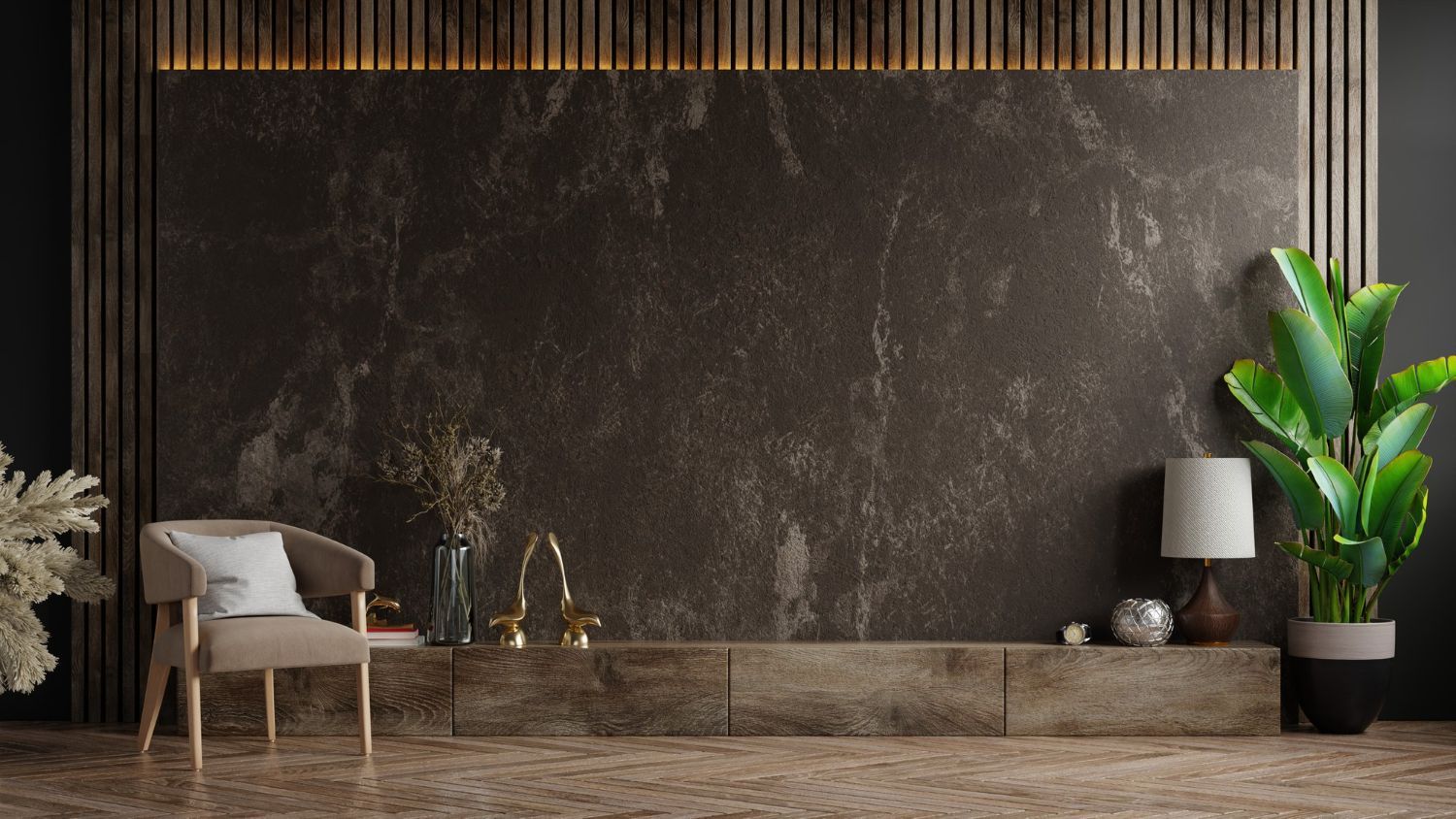Modern living room with a dark marble wall, wood paneling, and plants. A chair, lamp, and decor are also present.
