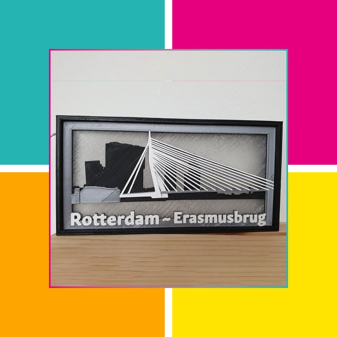 3D Kado met Speciale Betekenis -  een ingelijste 3D print van de Erasmusbrug in Rotterdam.