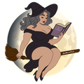 Witch in a black dress and hat reading a purple book while seated on a broom