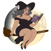 Witch in black dress and hat reading a purple book while seated on a broom before a pale moon.