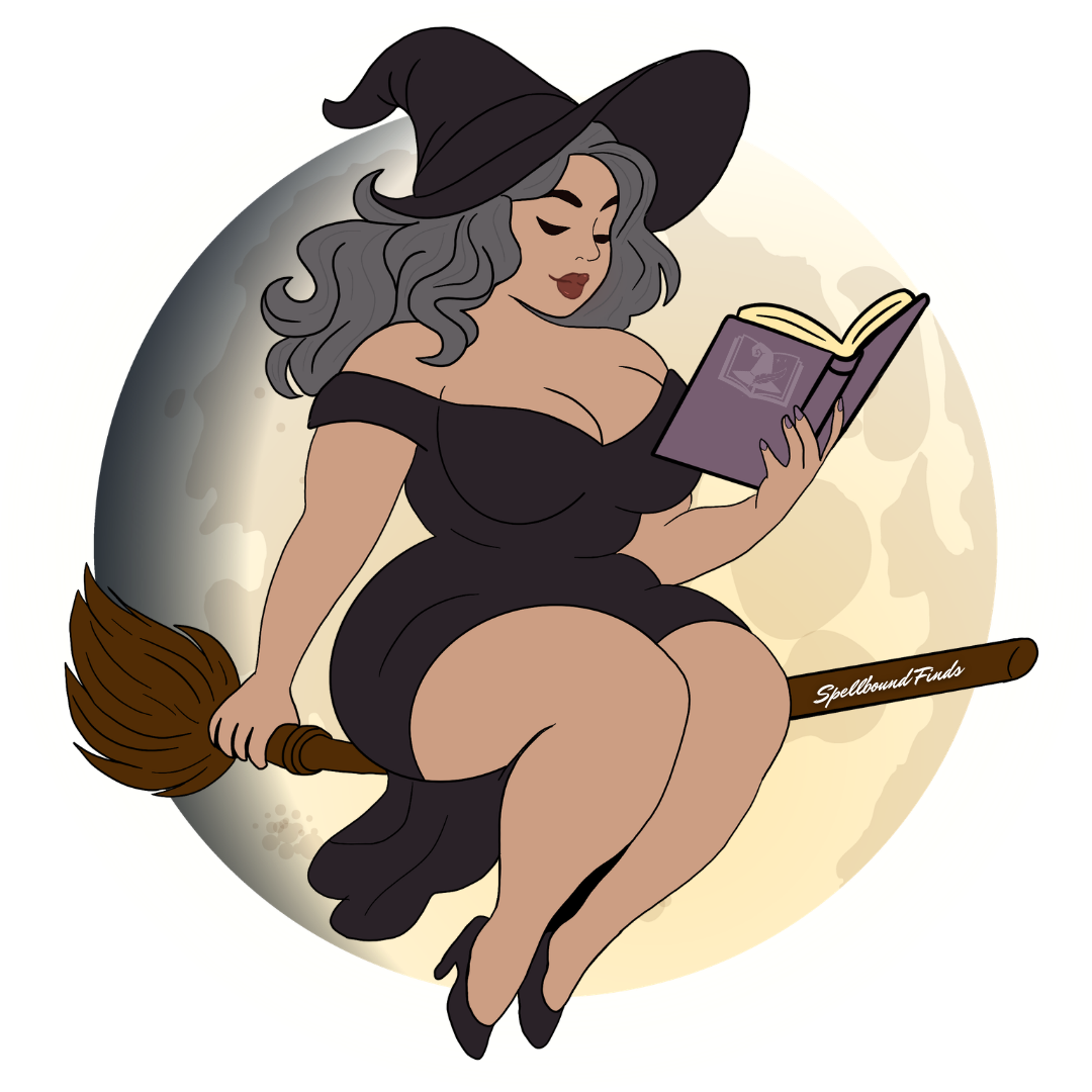 Witch in a black dress and hat reading a purple book while seated on a broom