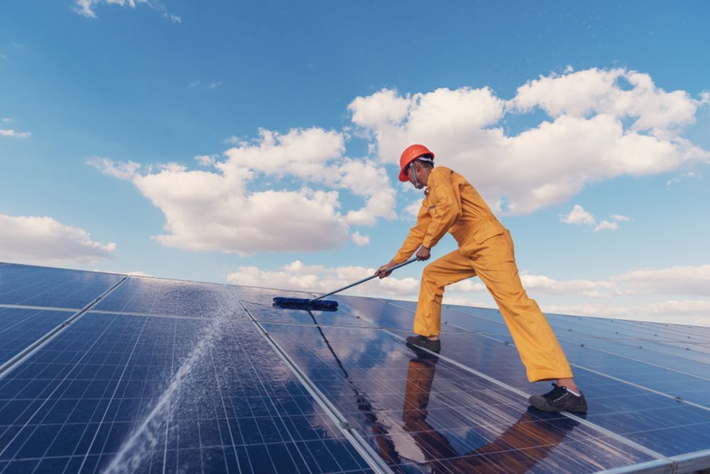 Cleaning of solar panel using water and long brush — Handyman in Kiama, NSW