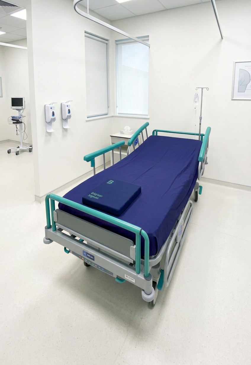 Hospital bed with Brighter Signals branded cushion and sheet.