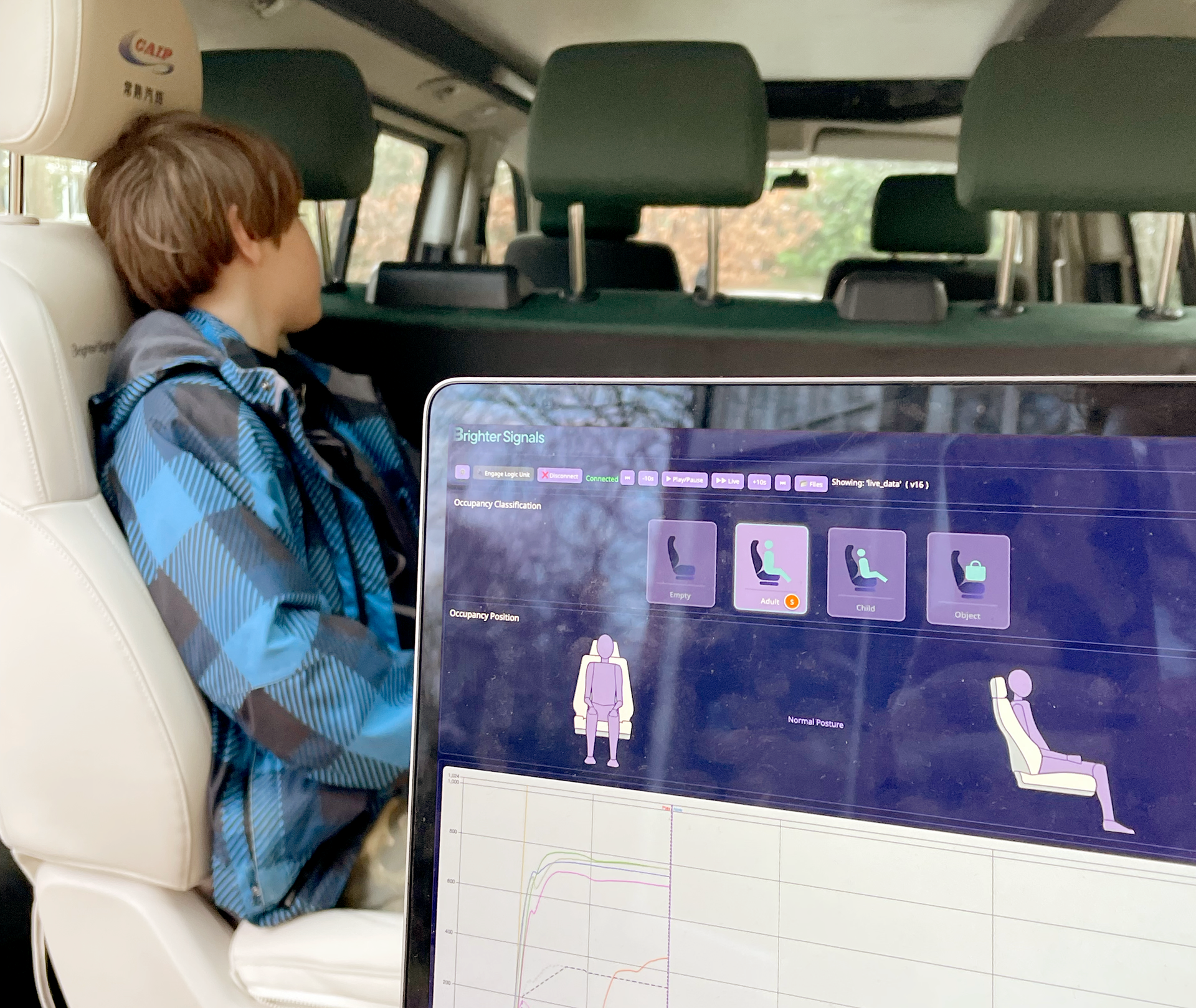 Occupancy of the seat is an adolescent. This is being measured and shown on screen.