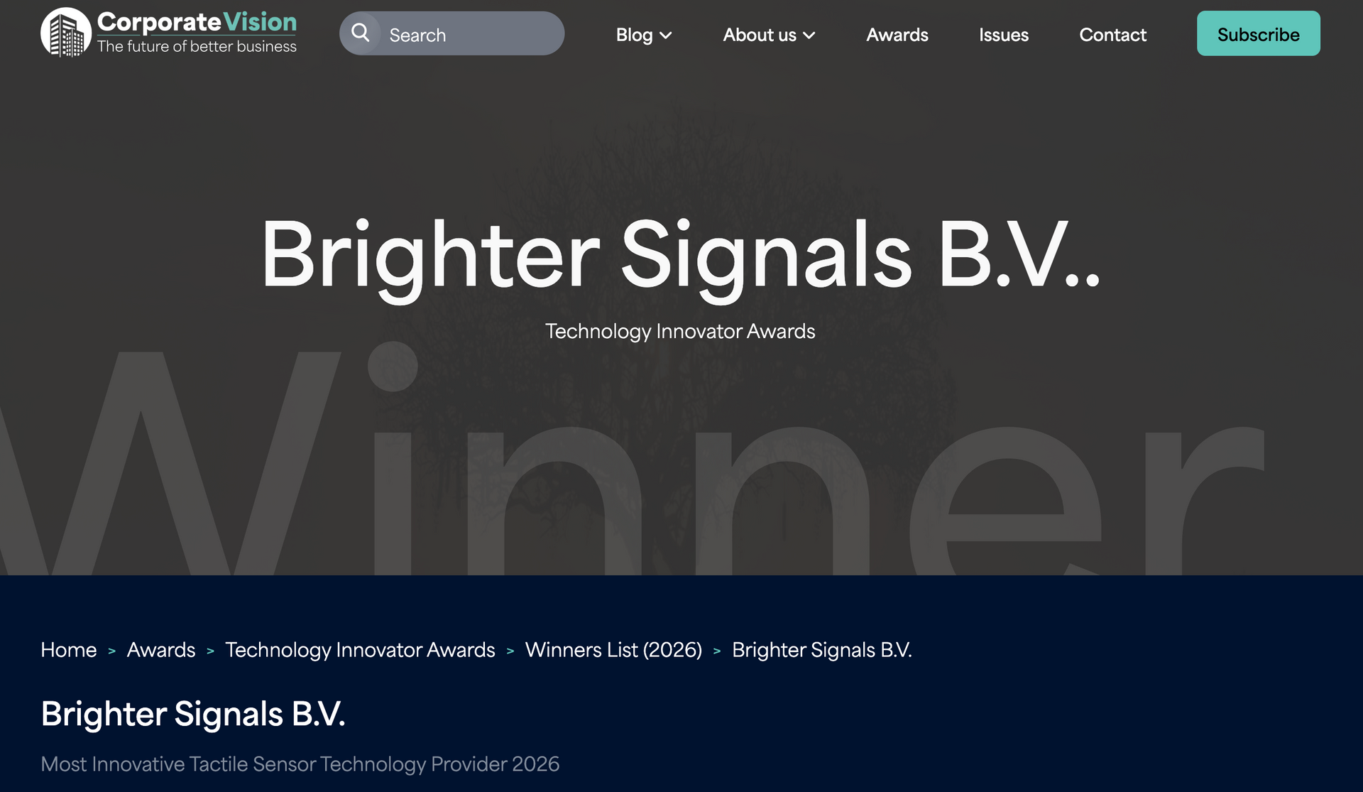 Brighter signals Winner Corporate Vision Technology Innovator Awards
