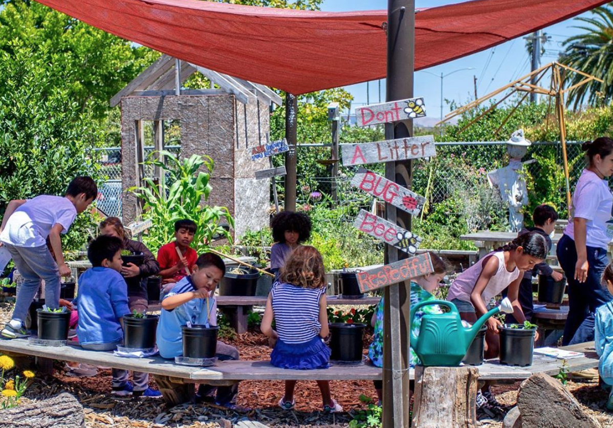 Photo of elementary students gathered in an urban garden in Richmond, CA.