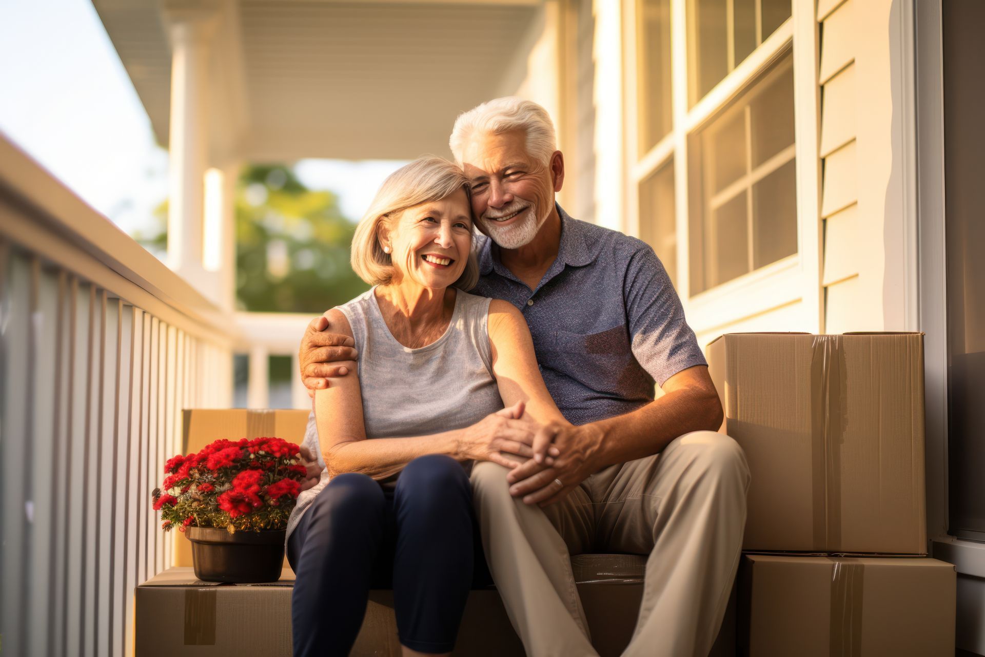 An elderly couple is sitting on a porch next to moving boxes.