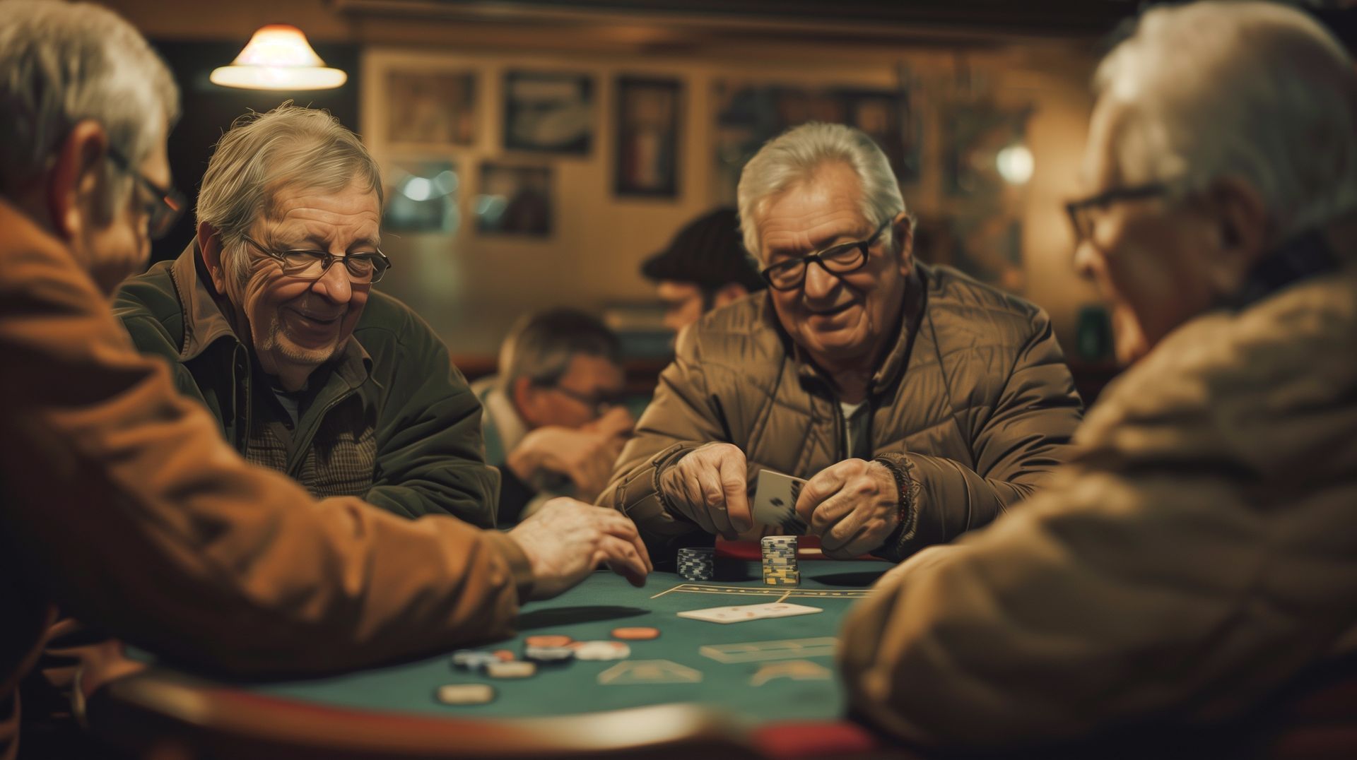 A group of older men are sitting around a table playing poker.