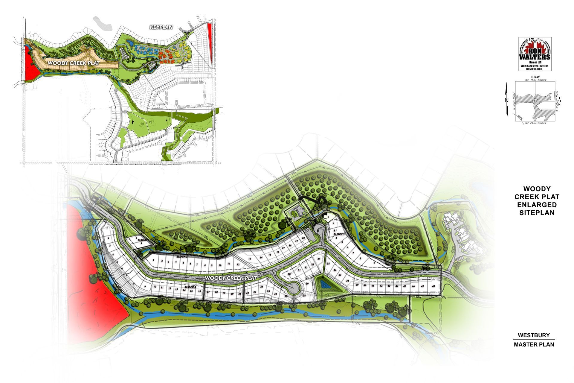 A drawing of a residential area with a lot of buildings and trees.