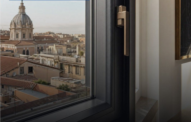 Moderno edificio residenziale a più piani con facciata arancione e ampliamento al piano terra interamente vetrato.