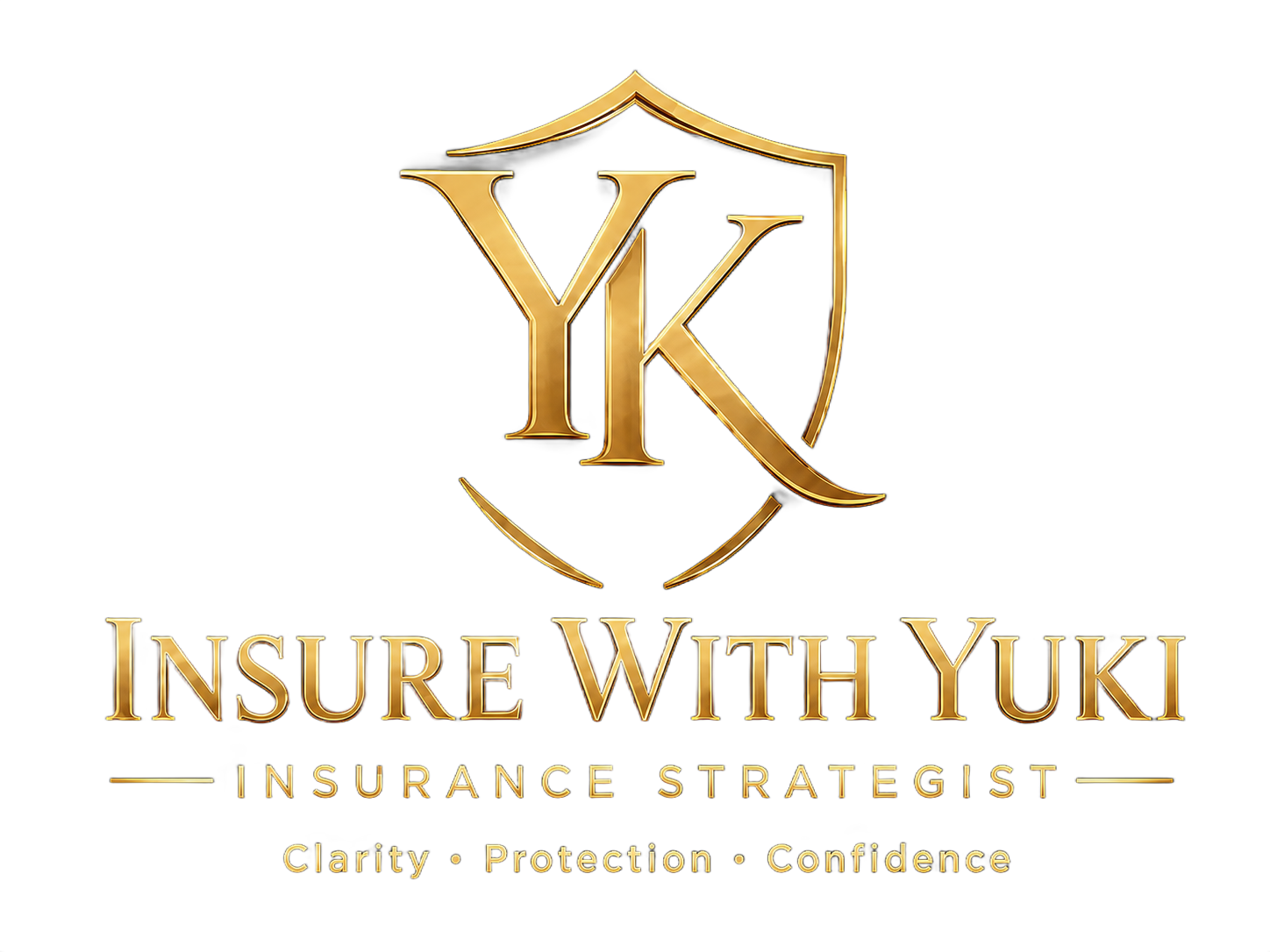 Gold “Insure With Yuki” insurance agent logo on a black background with stylized initials and shield icon