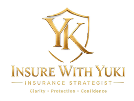 Gold “Insure With Yuki” insurance agent logo on a black background with stylized initials and shield icon